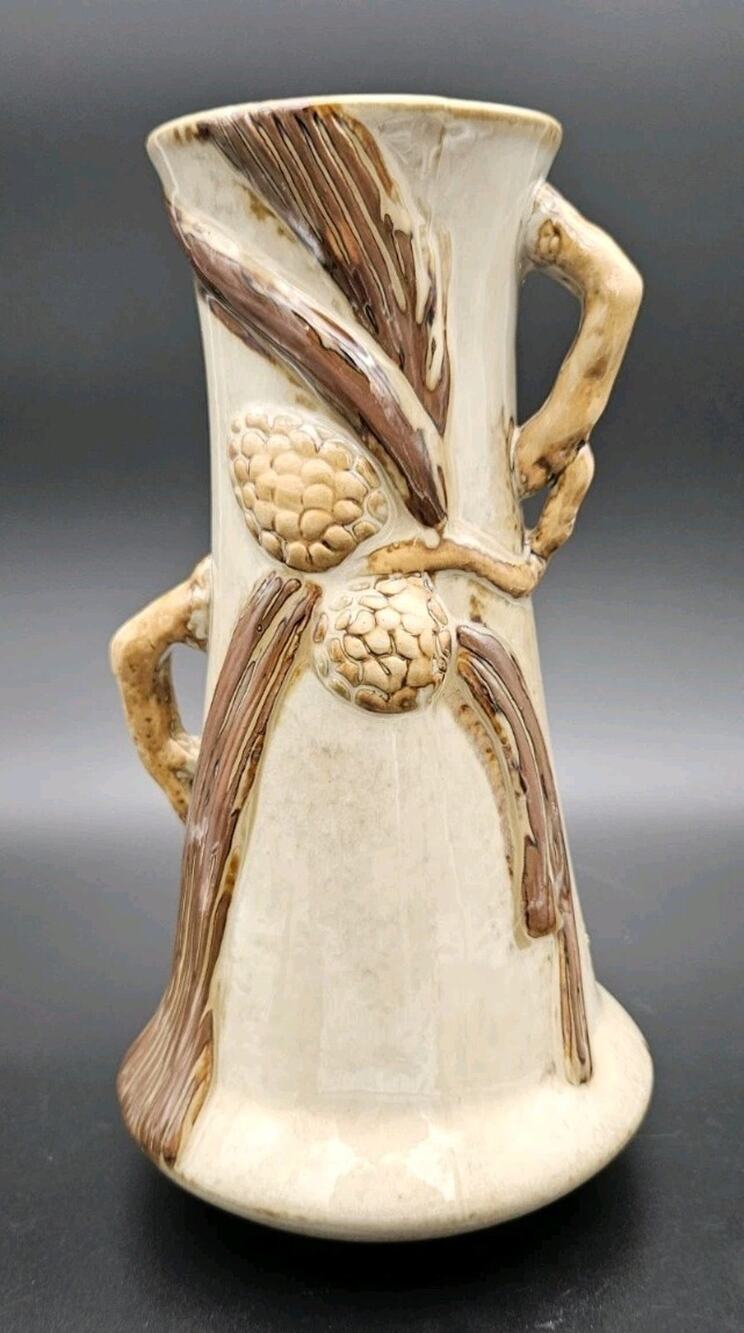 Vintage Tree Acorn Branch Handle Pottery Vase Pitcher Studio Art Ceramic 9.5"